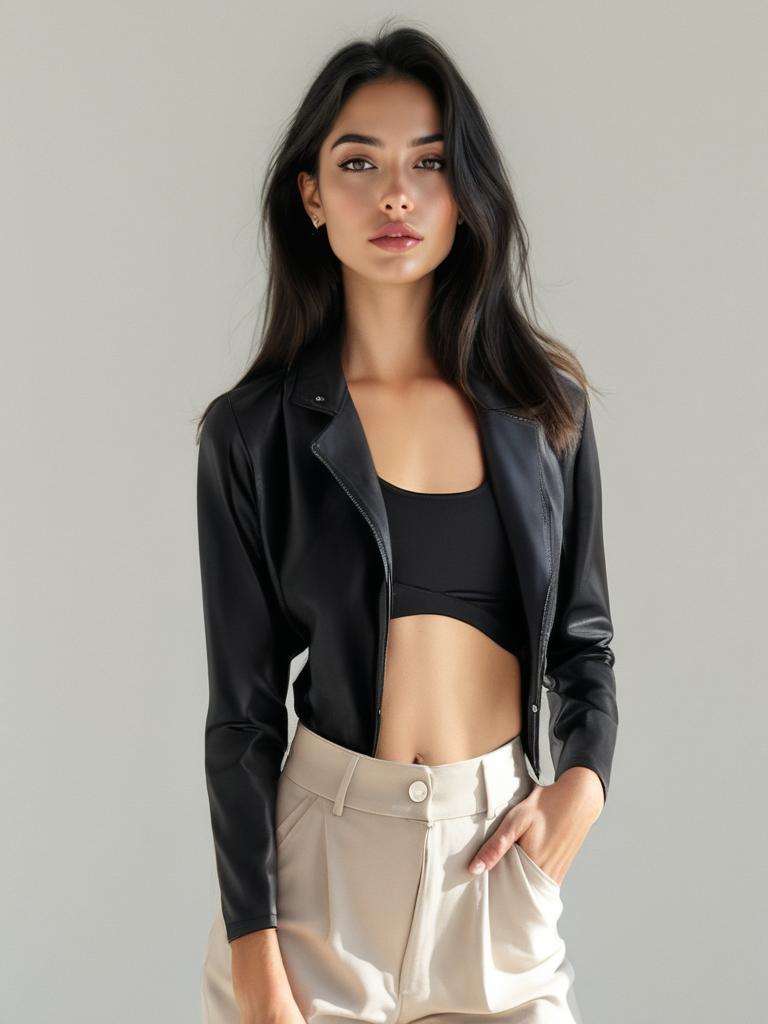 Slim-fit Lightweight PU Leather Moto Jacket with a on model