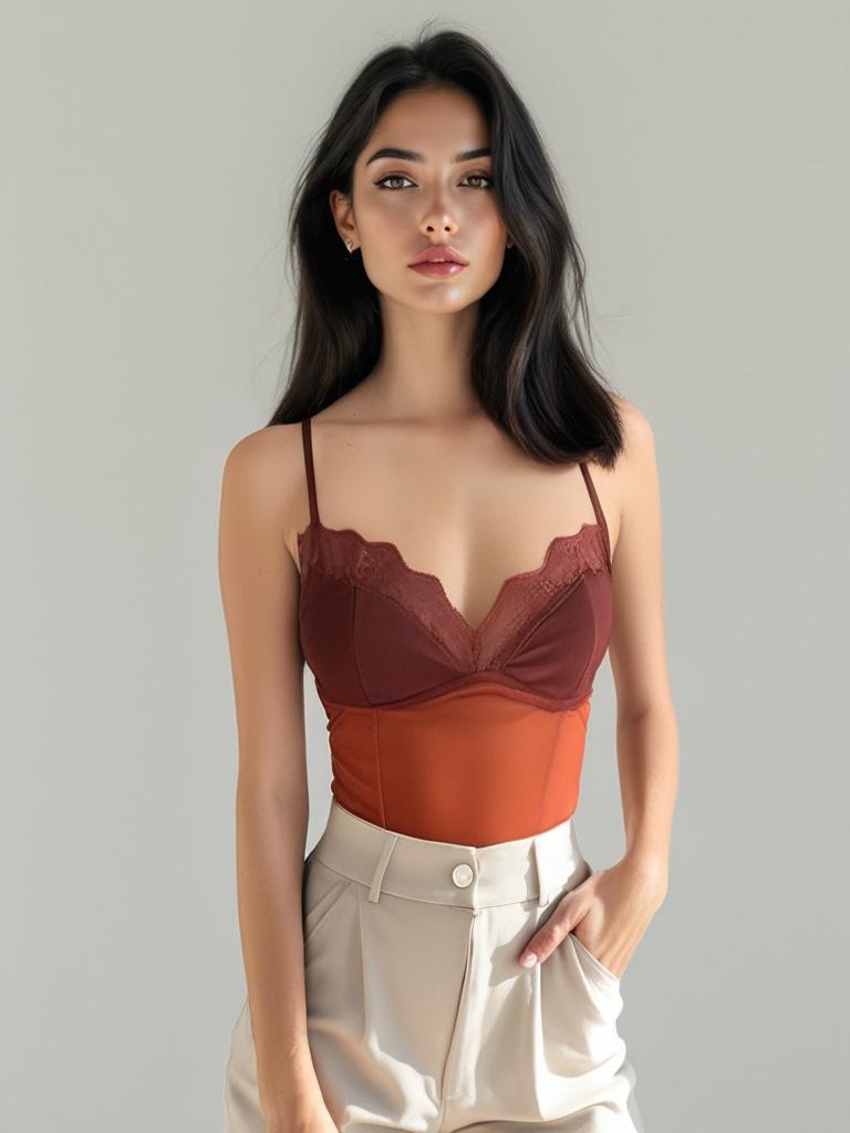 Mesh Lace Stitching Cropped Slim-fit Camisole on model