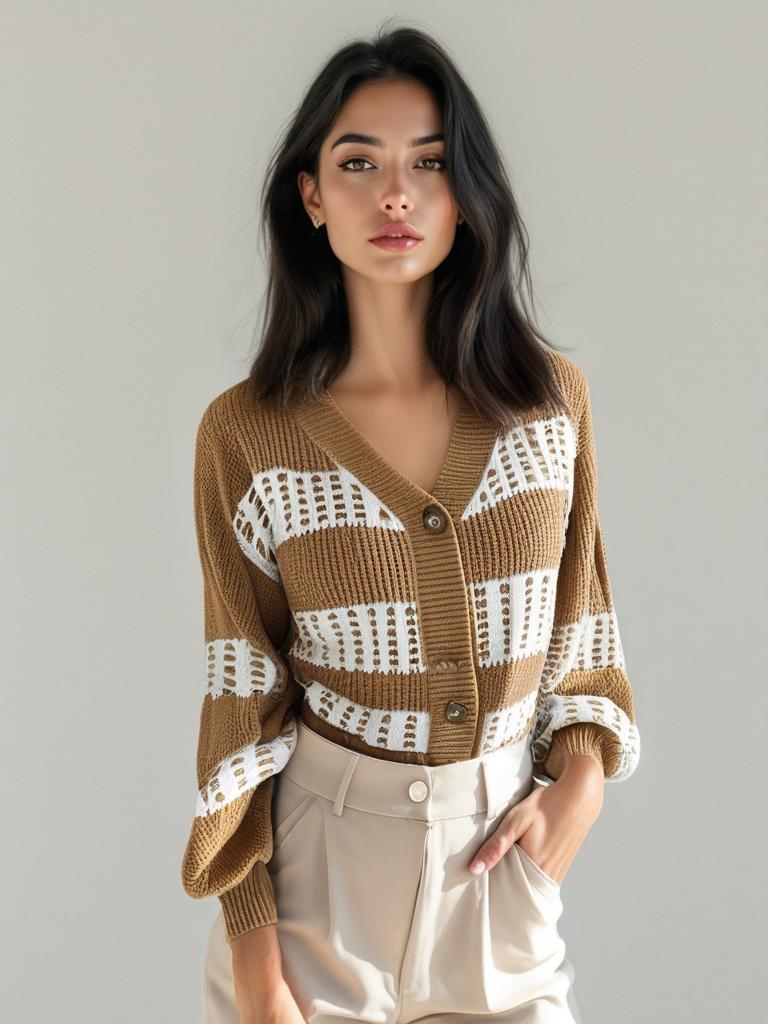 Designer Color Block Lantern Sleeve Cardigan Sweater Coat on model